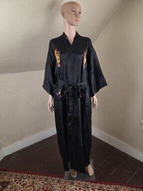Golden Bee Black Dragon Embroidered Rayon Kimono Robe Sz L Floral Jacquard Long